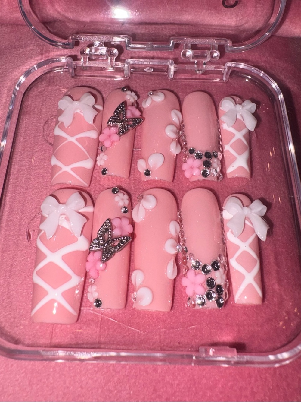 Pink 3D Floral Rhinestone Press-On Nails